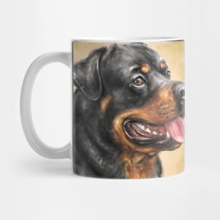 Painting of an Adorable Smiling Rottweiler with Its Tongue Out on Warm Beige Background Mug